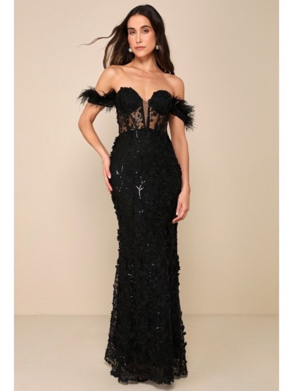 Lulu's Black Off-Shoulder Lace & Feather Maxi Gown
